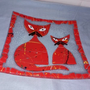 Fused Art Glass Square Dish-9" or 23cm Square-Wachtmeister Style-Red & Black - Picture 1 of 7
