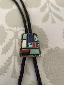 Zuni Handmade Sterling Silver Turquoise Onyx Coral Stone Inlay Leather Bolo Tie - Picture 1 of 7