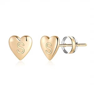 " S " Initial Alphabet Personalize Heart Design Stud Earrings In 10K Yellow Gold - Picture 1 of 4