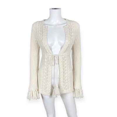 Cárdigan Express Vintage Para Mujer Crema Boho Flecos Corbata Frontal S Foto 1 de 4