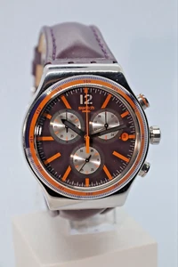 NEW Swiss Swatch Irony PRISIONER Chronograph Dark Purple Leather Watch YVS413 43 - Picture 1 of 7