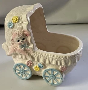RELPO Vintage Ceramic Baby Planter Buggy Pram with Lamb - Picture 1 of 7