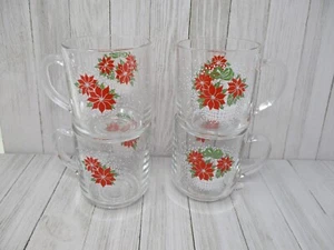 Set Of 4 LUMINARC Clear Glass Coffee Cup Mug Poinsettia Basket Holiday Christmas - Picture 1 of 13