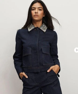 2025 NEW AUTH Veronica Beard Barrington Embellished-Collar Cropped  Denim Jacket - Image 1 of 4