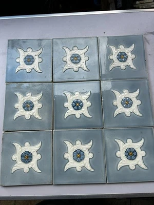 ANTIKE JUGENDSTIL FLIESEN 9 STÜCK SET KACHELN UM 1910 15x15cm AUS KERAMIK - Bild 1 von 4