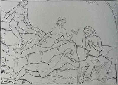 Wilhelm Gerstel Signierte Original Radierung 1922/80 - Akte in der Landschaft - Bild 1 von 4