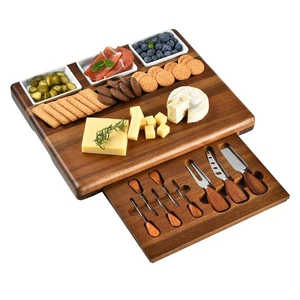 Large Acacia Wood Charcuterie Board Set with 3 Removable Ceramic Bowls & Serving - Picture 1 of 5