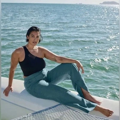 Athleta Retreat Wide Leg Linen Pants Size 14 Borealis Blue Straight Leg Resort - Image 1 of 4