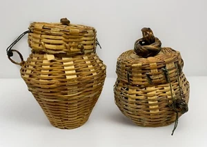 Lot Of 2 Vintage Herb Basket Sachet Miniature Woven Wicker Attached Lid 3” 3.5” - Picture 1 of 16