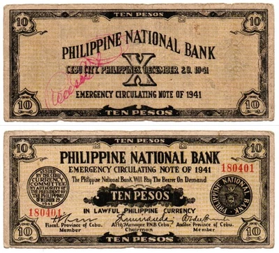 1941 Philippines Province Of CEBU 10P Emergency S217 C/S PROCESO Prov. Treasuer - Image 1 of 4