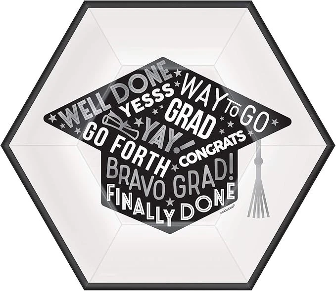 Шестиугольные бумажные тарелки Grad Cap Statement — 18 шт. / 9 дюймов - Изображение 1 из 1