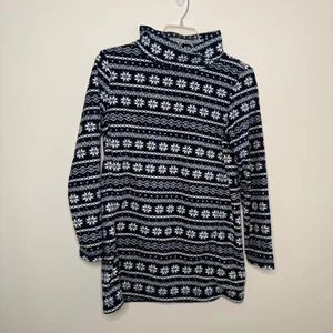 Lands' End Women's M Fleece Pullover Snowflake Print Blue Winter Slit Collar - Picture 1 of 9