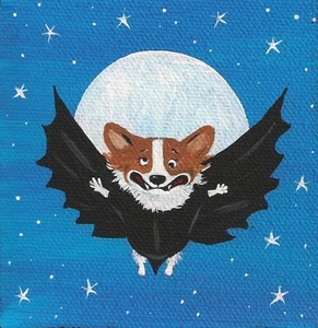 IMPRESIÓN 4X4 DE PINTURA RYTA PEMBROKE GALÉS CORGI HALLOWEEN ARTE POPULAR MURCIÉLAGO VAMPIRO - Imagen 1 de 1