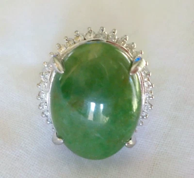 Heavy Solid Platinum Nephrite Jade Diamond Halo Ring - 11.86 gms, Sz 6, 9.45 ctw - Image 1 of 4