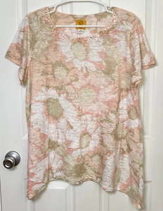Ruby Rd Top Womens 1X Pink Tan Floral Sheer Lightweight Short Sleeve Bead Blouse - Picture 1 of 7