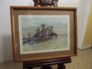In Enemy Country by Charles Marion Russell signed walnut frame 15x19 in - Picture 1 of 4