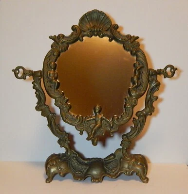 "Antiguo espejo de tocador inclinable victoriano ornamentado de latón giratorio de metal 13""" Foto 1 de 4