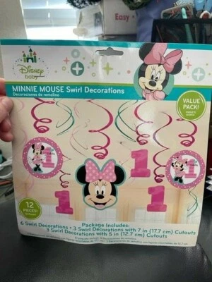 УКРАШЕНИЯ С ВИСЯЧИМИ ЗАВИТКАМИ MINNIE MOUSE Fun to Be One (12) ~товары для первой вечеринки - Изображение 1 из 2