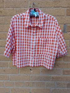 Camisa para mujer de gran tamaño recortada Seer Sucker naranja/blanco a cuadros abotonada talla 14 - Imagen 1 de 7