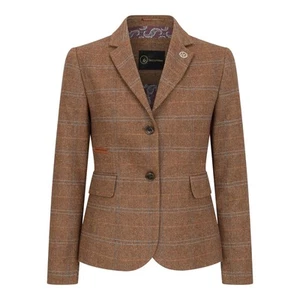 Women's Oak Brown Tailored Fit Tweed Blazer Wool Blend in Herringbone Check - Picture 1 of 7