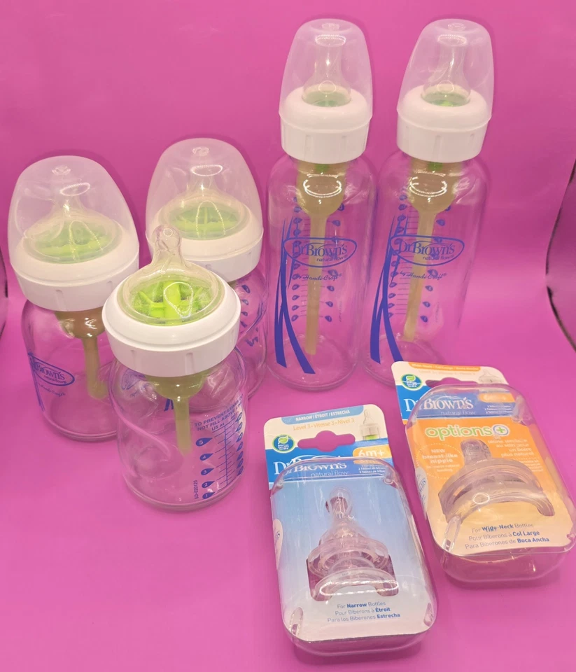 Стеклянные бутылки против колик Dr. Brown's 5 шт. и 2 упаковки нераспечатанные соски - Изображение 1 из 4