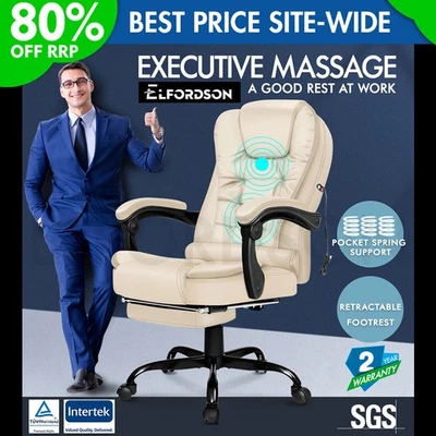 ELFORDSON Massage Office Chair Executive Recliner Padded Gaming PU Leather Cream