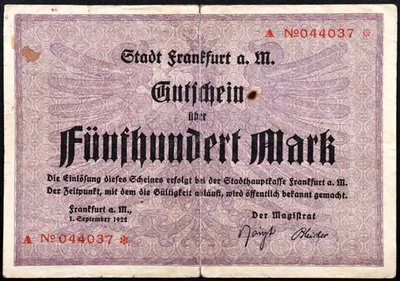 ¡Gran águila púrpura de Frankfurt 1922! X-Large 500 marcos inflación temprana Notgeld alemán Foto 1 de 2