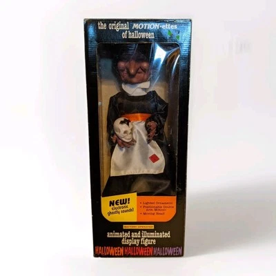 Motion-ettes originais vintage de bruxa animada iluminada de Halloween com crânio funciona! - Imagem 1 de 4