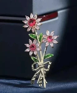 2Ct Round Cut Lab-Created Ruby Flower Charm Brooch Pin 14K Yellow Gold Plated - Picture 1 of 7