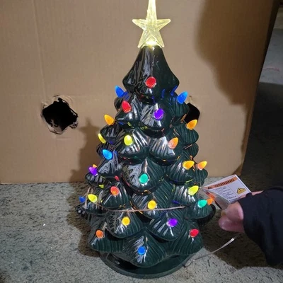 14" Ceramic Nostalgic Christmas Tree Pre lit LED Green Battery NEW - Image 1 of 3