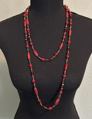 Coldwater Creek Collar Largo Cuentas Rojo 60” Tono Dorado - Envoltura/Capa Aspecto Vintage Foto 1 de 4