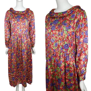 VINTAGE 80s Komil Women's Maxi Dress S/M Red Purple Floral Satin Cottagecore - Picture 1 of 12