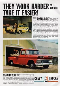 1961 Chevy Apache Pickup Truck & Corvair 95 Original Color Print Ad - Picture 1 of 1