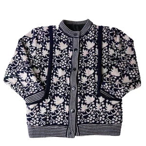 Vtg Womens Knit Cardigan Sweater L Floral Quilted Lined Cottage Boho Folk Flower - Picture 1 of 10