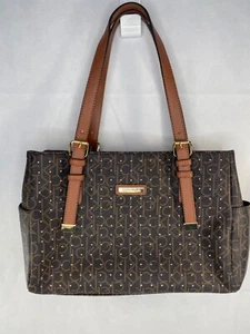 Calvin Klein Studded Double Handled Monogram Shoulder Handbag, Brown/Tan Leather - Picture 1 of 13