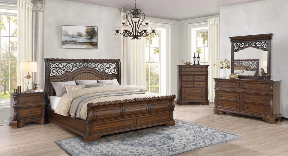 NEW Classic Sleigh King Queen 5PC Bedroom Set Traditional Walnut Brown B/D/M/N/C - Image 1 of 4