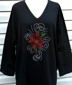 Plus 1X 2X or 3X Rhinestone Bling Red Christmas Holiday Poinsettia Swirl Top - Picture 1 of 5