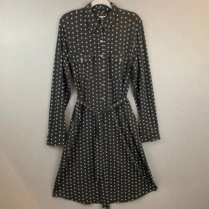 Lands End Shirt Dress Long Cotton Jersey Black w/ White Flower Graphic Womens L - Picture 1 of 11
