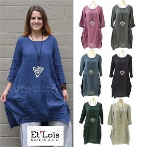 ET'LOIS USA Linen  TIFFANI TUNIC  Pintuck Balloon Hem Pocket Dress X S M L - Picture 1 of 15
