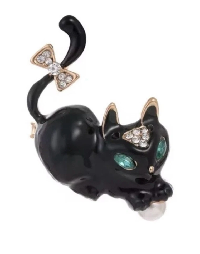 Broche prendedor Betsey Johnson tono dorado cristal estrás gato gatito negro nuevo con etiquetas Foto 1 de 4