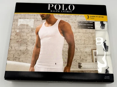 Camiseta sin mangas Polo Ralph Lauren para hombre blanca acanalada que absorbe la humedad calce clásico 3pk grande Foto 1 de 4