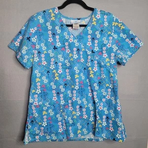 SB Scrubs Women’s Med Scrub Top Floral Blue Patterned Short Sleeve Pockets Tie - Picture 1 of 5