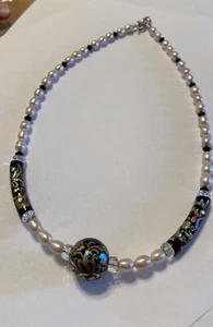 Sterling Silver-925-Freshwater Pearls Black Enamel Bead Necklace- 17” - Picture 1 of 7