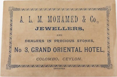 RARE Early 1900s Jewellers Card. A. Mohamed & Co, 3 Grand Oriental Hotel, Ceylon - image 1 of 2