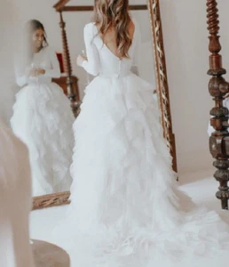 Fairy Tulle Ruffles Wedding Dress Satin Bridal Gown V Back with Long Sleeves New - Picture 1 of 9