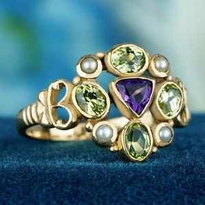 9K Gold Natural Amethyst Peridot Pearl Vintage Style Cluster Ring - Picture 1 of 16