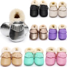 Winter Warm Newborn Baby Boy Girl Fur Snow Boots Leather Crib Shoes Prewalker UK