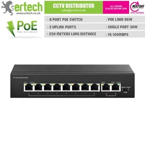 8 PORT 2 UPLINK 96W FAST Ethernet 10/100MBPS LAN NETWORK POE SWITCH - Picture 1 of 3