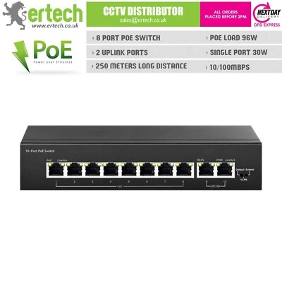 8 PORT 2 UPLINK 96W FAST Ethernet 10/100MBPS LAN NETWORK POE SWITCH - Image 1 of 3