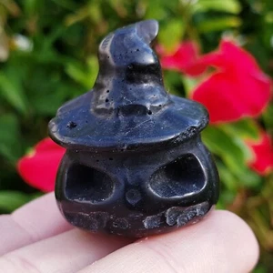 Black Obsidian pumpkin with wizards hat - natural crystal healing gemstone - Picture 1 of 5
